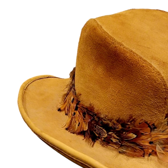 Cowboy Hat Suede With Pheasant Feathers Womens Large - Picture 7 of 11